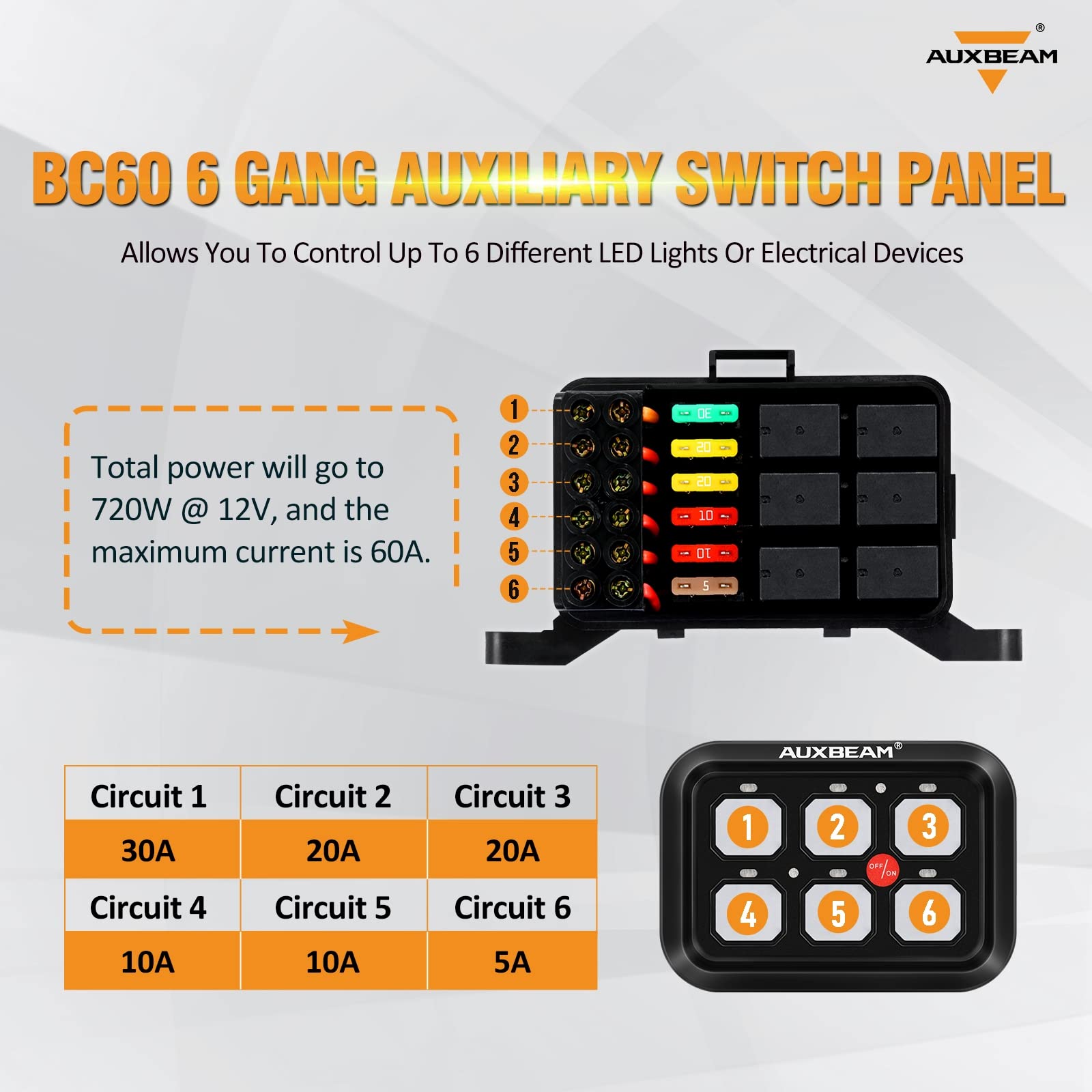 Auxbeam 6 Gang Switch Panel, Universal Circuit Control Relay